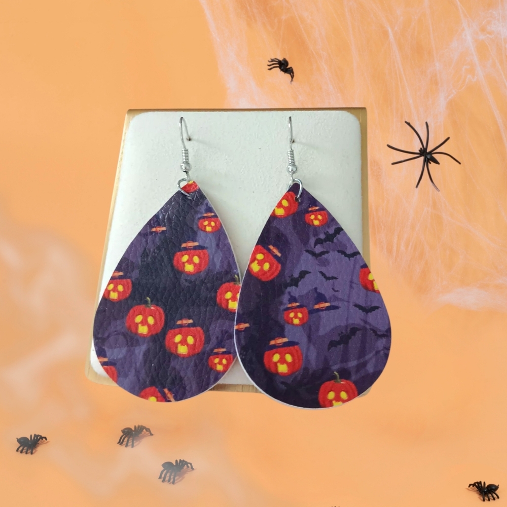 Pumpkin & Bats Faux Leather Earrings